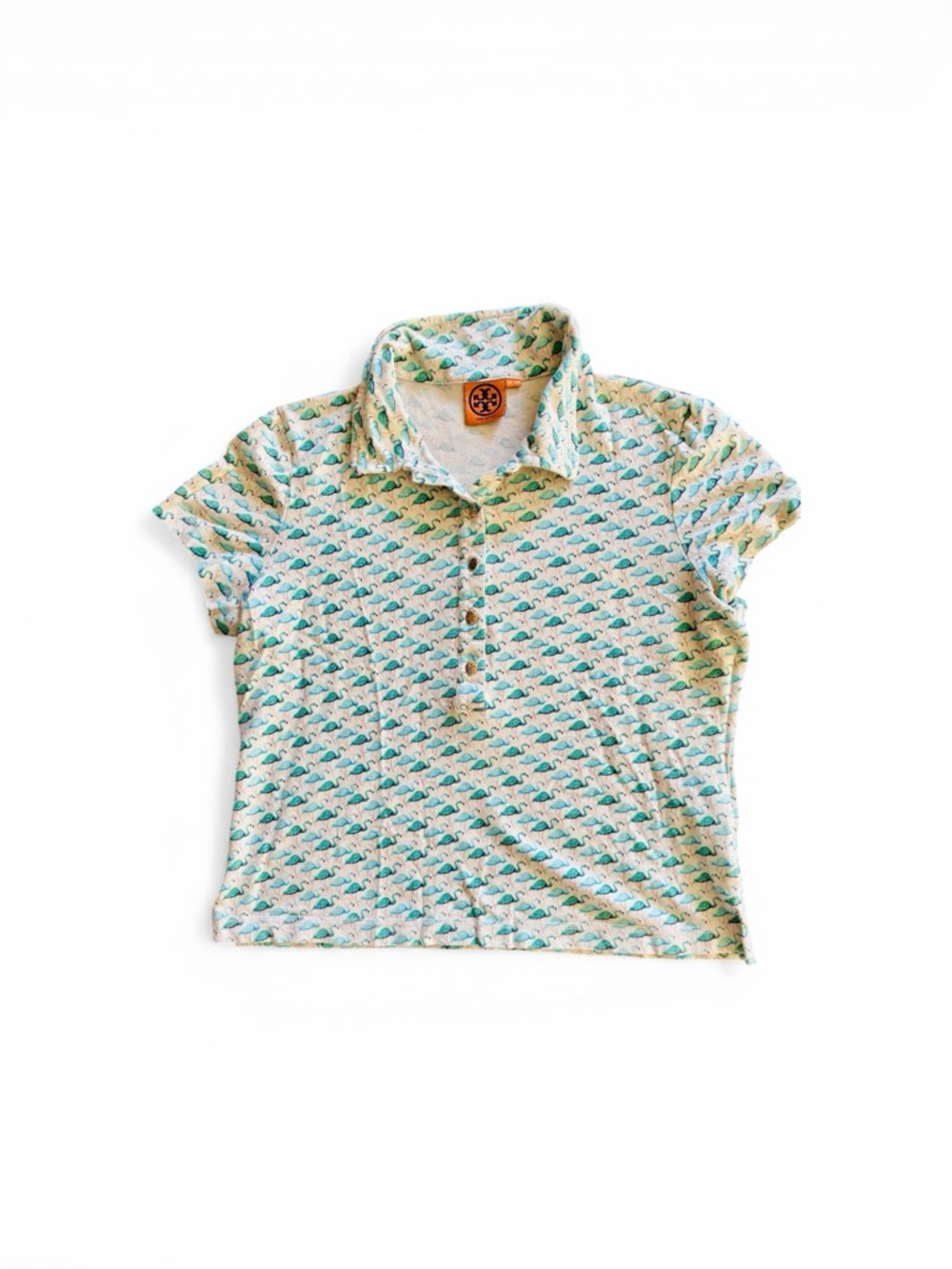 Sz L Tory Burch Cropped Cream Golf Polo with Teal Flamingo Print